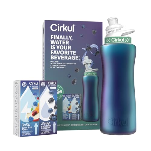 Cirkul 32oz. Chameleon Stainless Steel Water Bottle Starter Kit with Green Lid, 2 Flavor Cartridges (1 LifeSip Blackberry Blueberry, 1 GoSip Berry Blue Punch) No Sugar, Zero Calorie Drink Mix - Image 2