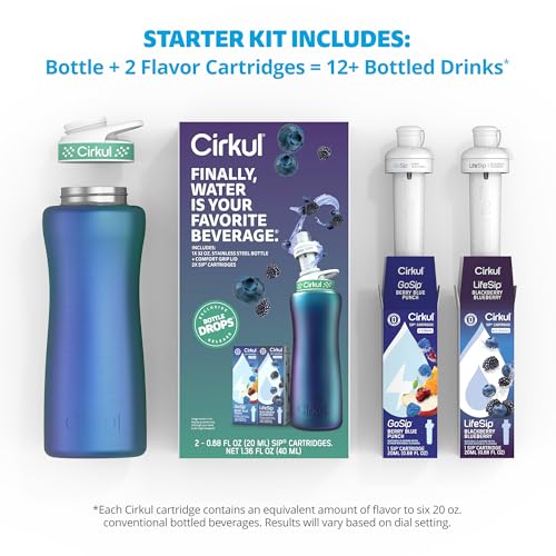 Cirkul 32oz. Chameleon Stainless Steel Water Bottle Starter Kit with Green Lid, 2 Flavor Cartridges (1 LifeSip Blackberry Blueberry, 1 GoSip Berry Blue Punch) No Sugar, Zero Calorie Drink Mix - Image 3