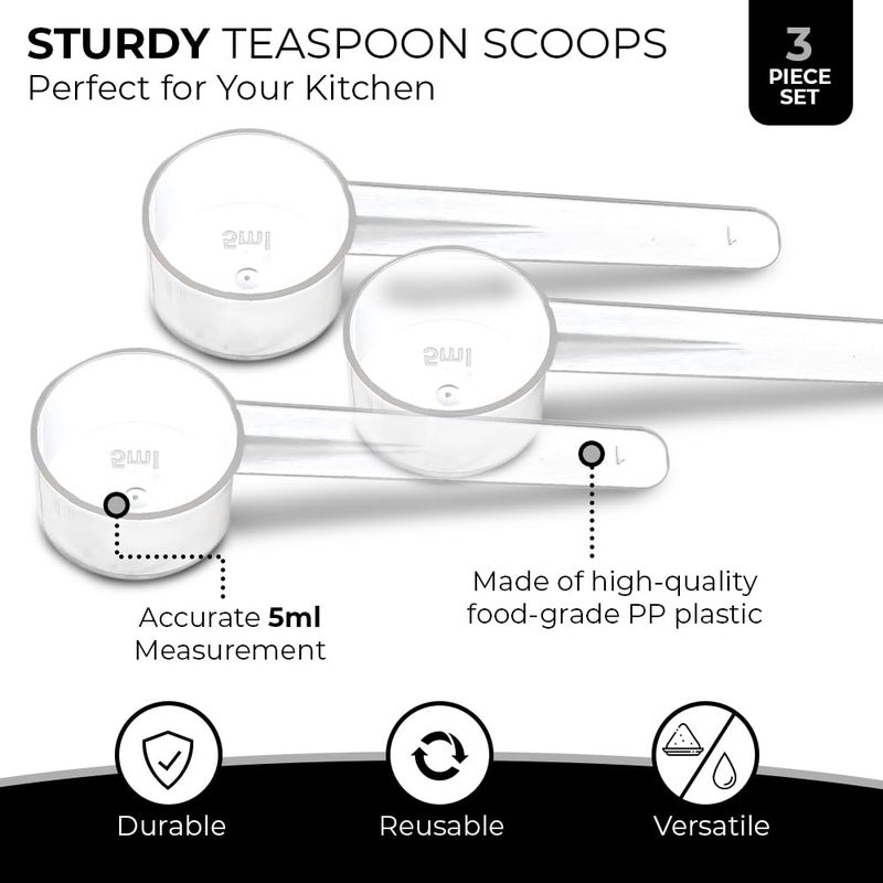 Existing Beauty 3 Measuring Spoons Set with Short Handle - 1 Teaspoon (5 ML) Clear Plastic Scoops for Creatine, Coffee, Grains, Spices, Powders, and Other Dry Goods, BPA Free, Kitchen Tools Measure, Fits in Jars - Image 2