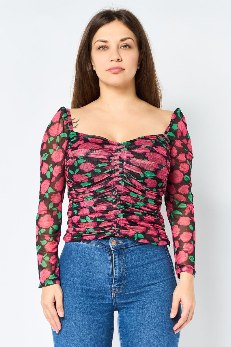 PINKO Women Sweetheart Neck Long Sleeve Floral Print Top, Multicolor - Image 1