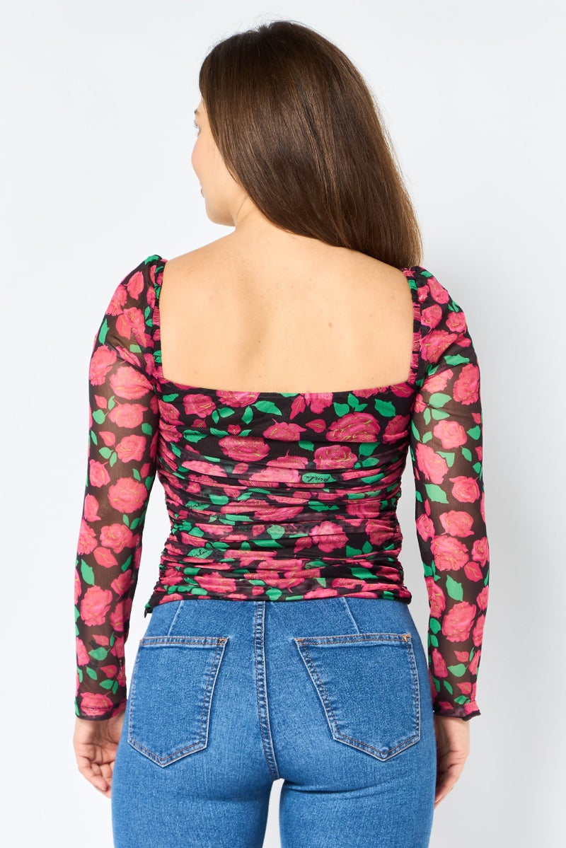 PINKO Women Sweetheart Neck Long Sleeve Floral Print Top, Multicolor - Image 4