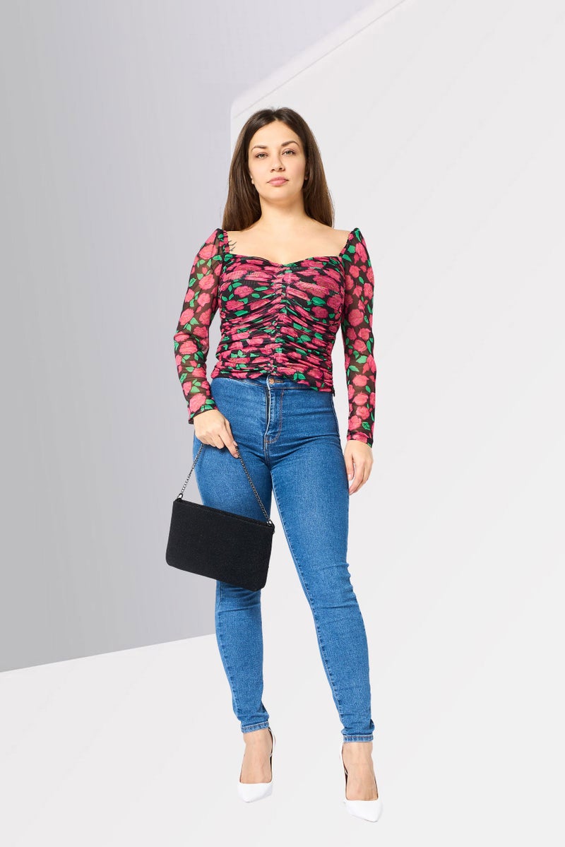 PINKO Women Sweetheart Neck Long Sleeve Floral Print Top, Multicolor - Image 2