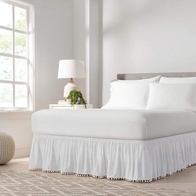 POM POM ELASTIC WRAP AROUND BED SKIRT EASY ONOFF DUST RUFFLE 18 INCH DROP QUEENKING WHITE