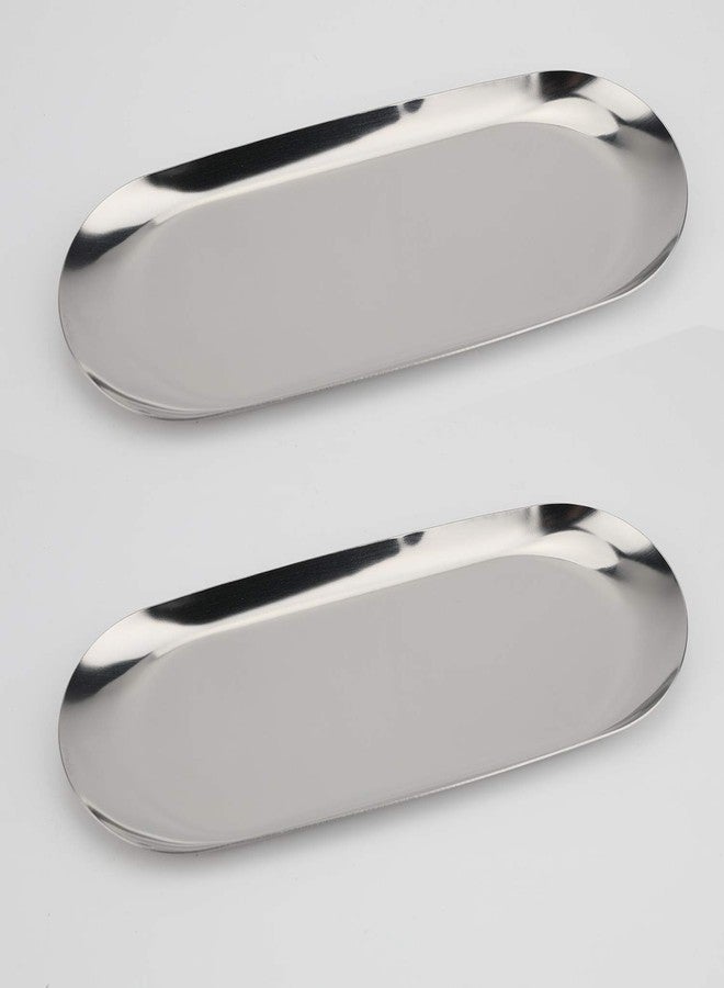 Fermus Stainless Steel Decorative Tray, Set of 2, 9 Inch Long, Jewelry Dish Cosmetics Organizer Bathroom Clutter Serving Platter Small Storage Tray, Oval, Silver - Image 1
