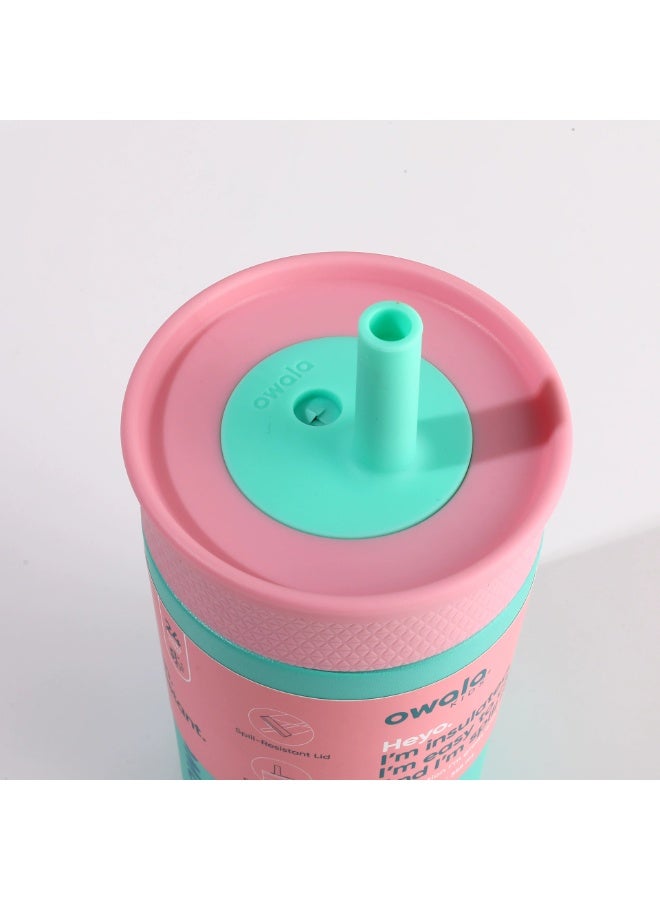 Owala Kids Insulated Stainless Steel Tumbler 12oz with Straw, Leakproof Silicone Sleeve Cup Portable Sport Water Bottle for Children (Pink and Teal) - Image 2