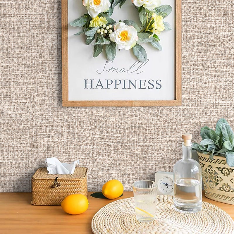 Uooar Khaki Grasscloth Peel and Stick Wallpaper 17.3"x120" Faux Linen Textured Contact Paper Removable Self Adhesive Vinyl Wallpaper for Bedroom Bathroom Kitchen Cabinets - Image 4