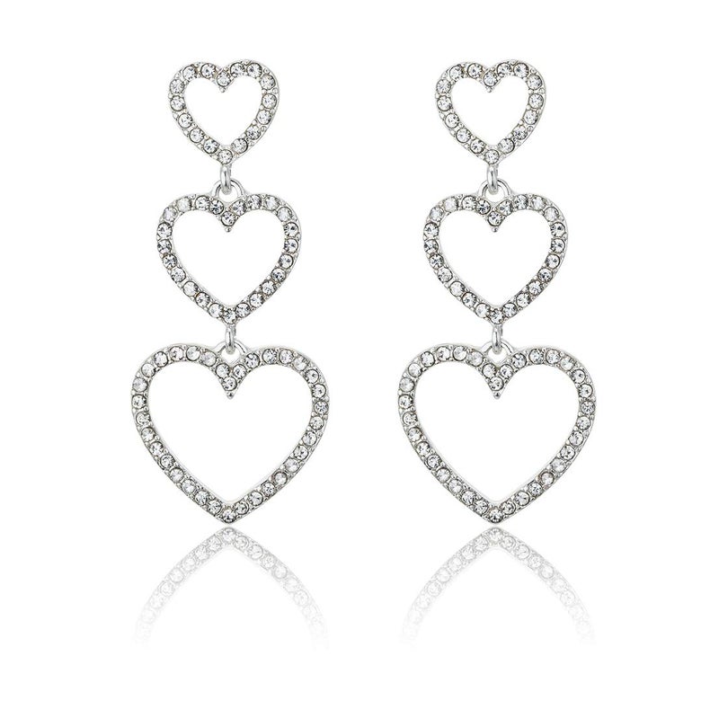 RareLove Bling CZ Crystal Interlocking Three Heart Hollow Dangle Stud Piercing Earrings For Women Silver Plated Alloy Valentines Gift For Her - Image 1