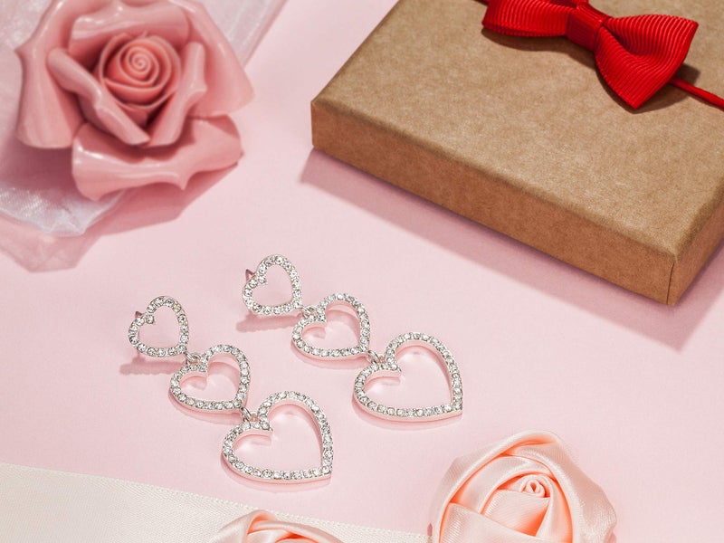 RareLove Bling CZ Crystal Interlocking Three Heart Hollow Dangle Stud Piercing Earrings For Women Silver Plated Alloy Valentines Gift For Her - Image 3