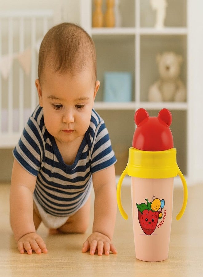 Zerya Inner Stainless Steel Outer Plastic 360ml BPA-Free Cute Animal Design Baby Sipper Kids Water Bottle with Straw and Side Handle for Kids (Gravity - Pink) - Image 4