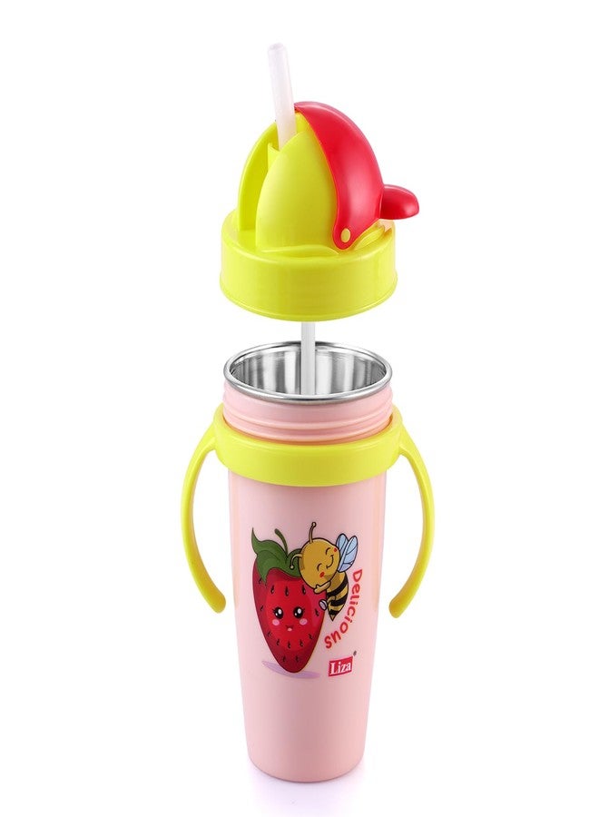 Zerya Inner Stainless Steel Outer Plastic 360ml BPA-Free Cute Animal Design Baby Sipper Kids Water Bottle with Straw and Side Handle for Kids (Gravity - Pink) - Image 1