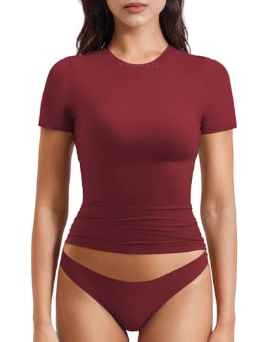 YEOREO Ease Women Fitted Workout Tops Short Sleeve Double Lined Basic Y2K Going Out Crew Neck Compression Crop Top Ankara Red M - Image 1