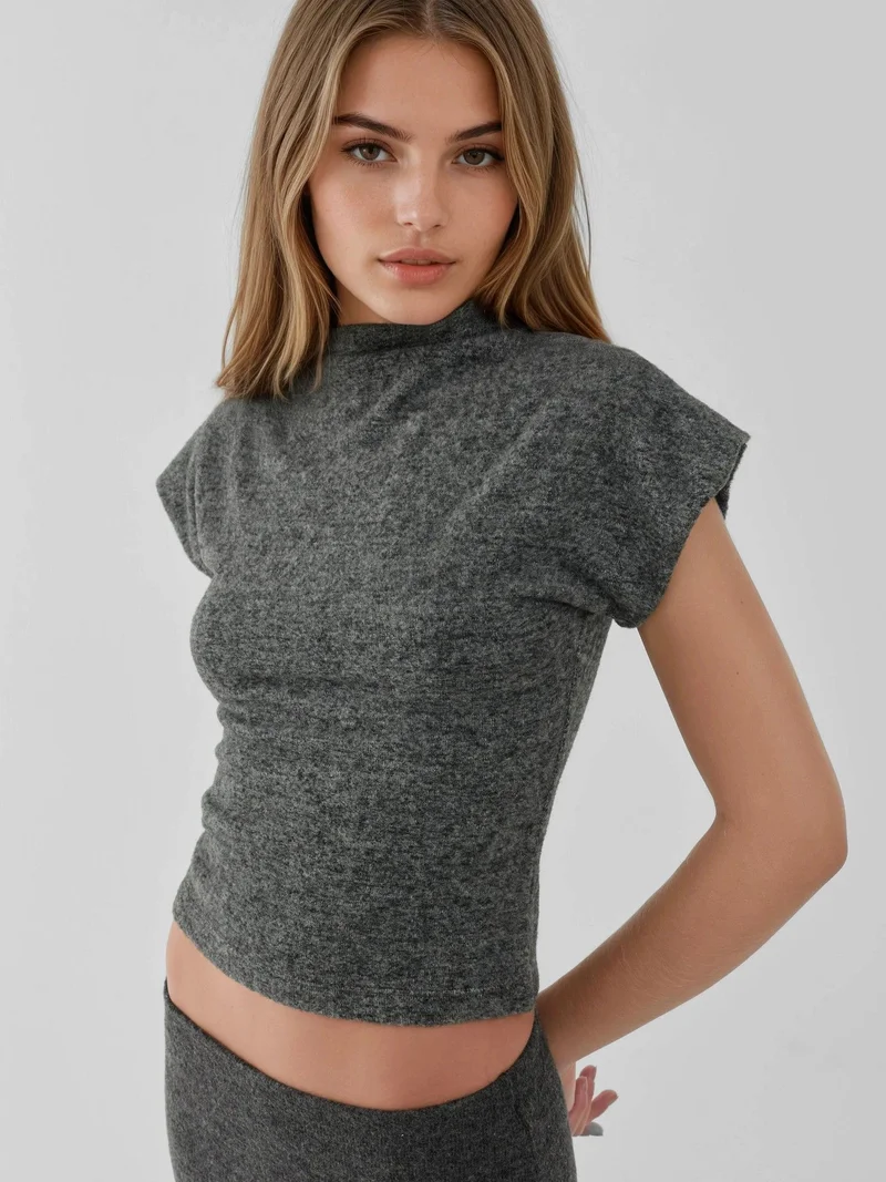Hiccup Grey Textured Crew Neck Sleeveless Top for Women | Best Price UAE