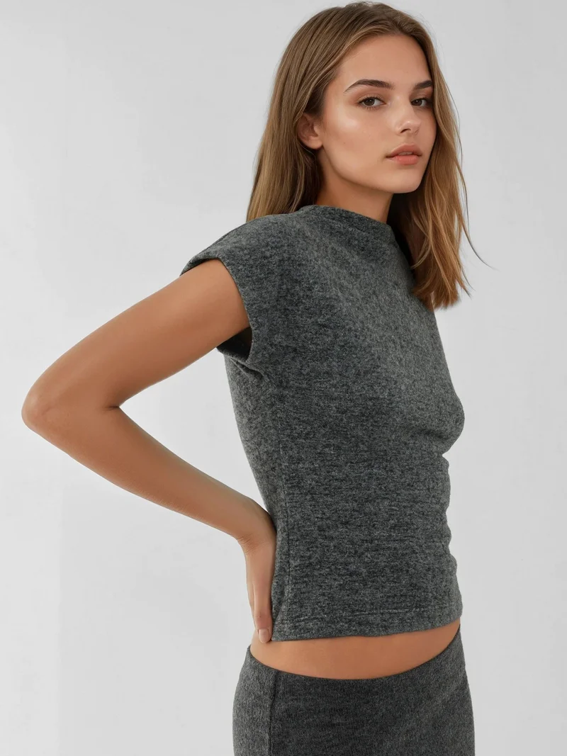 Hiccup Grey Textured Crew Neck Sleeveless Top for Women | Best Price UAE