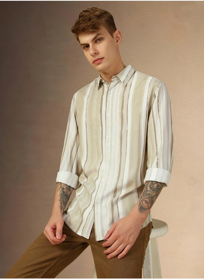 Dennis Lingo Men's Brown 100% Cotton Striped Relaxed Fit Shirt
