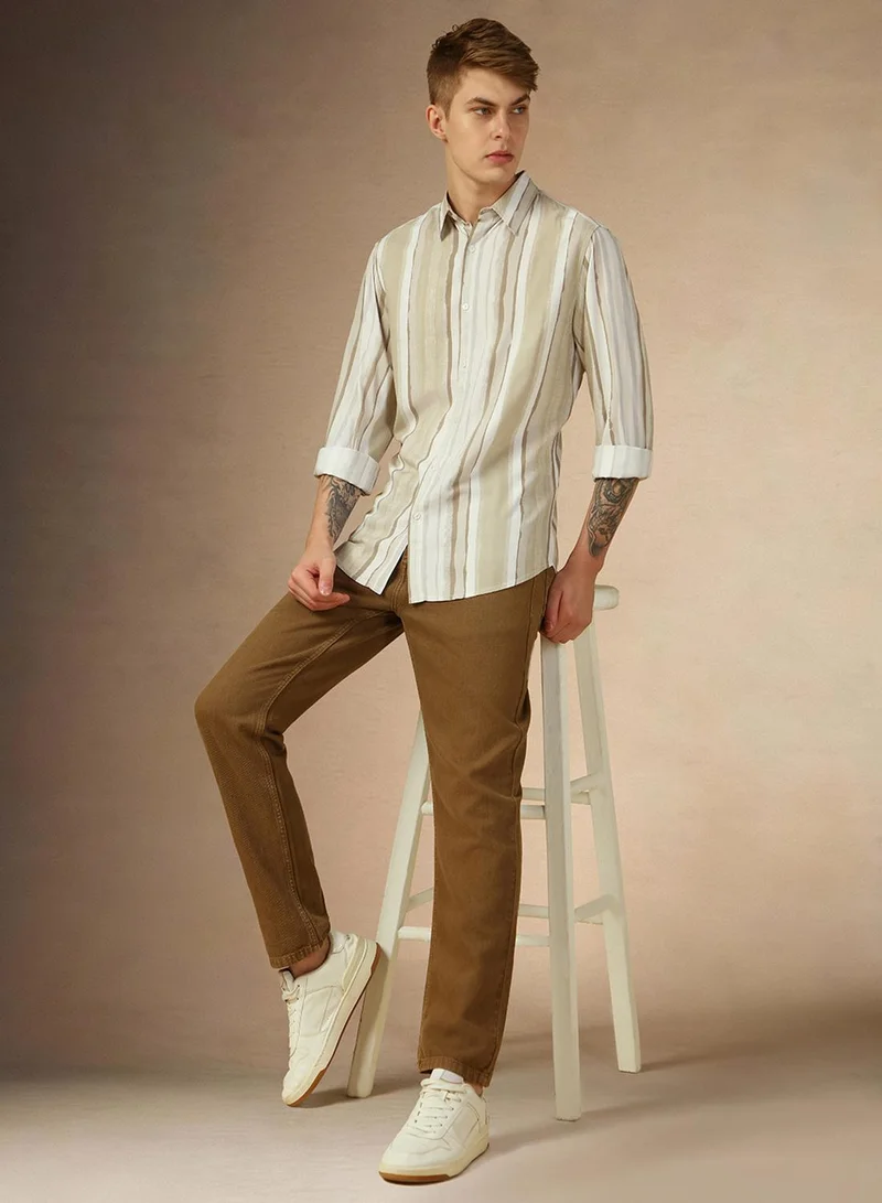 Dennis Lingo Men's Brown 100% Cotton Striped Relaxed Fit Shirt