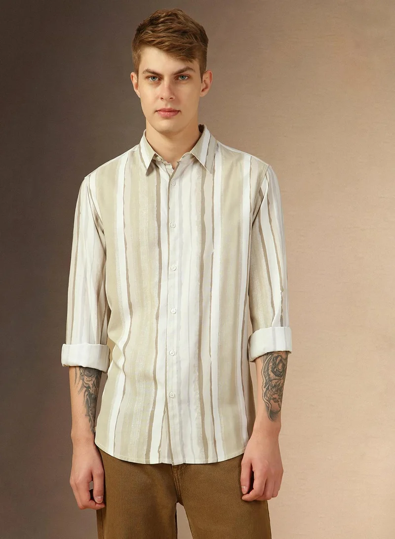 Dennis Lingo Men's Brown 100% Cotton Striped Relaxed Fit Shirt