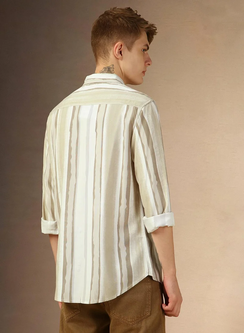 Dennis Lingo Men's Brown 100% Cotton Striped Relaxed Fit Shirt