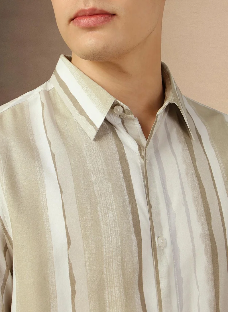 Dennis Lingo Men's Brown 100% Cotton Striped Relaxed Fit Shirt
