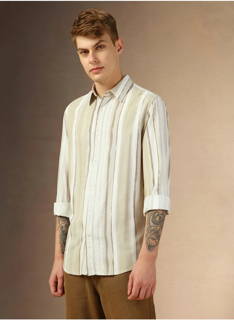 Dennis Lingo Men's Brown 100% Cotton Striped Relaxed Fit Shirt