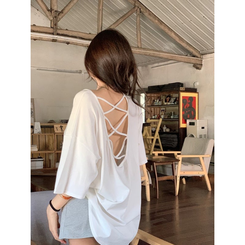 French Pure Desire Discreet Backless Short-Sleeved T-Shirt For Women Summer Style Lazy Style Casual Top Trend - Image 3