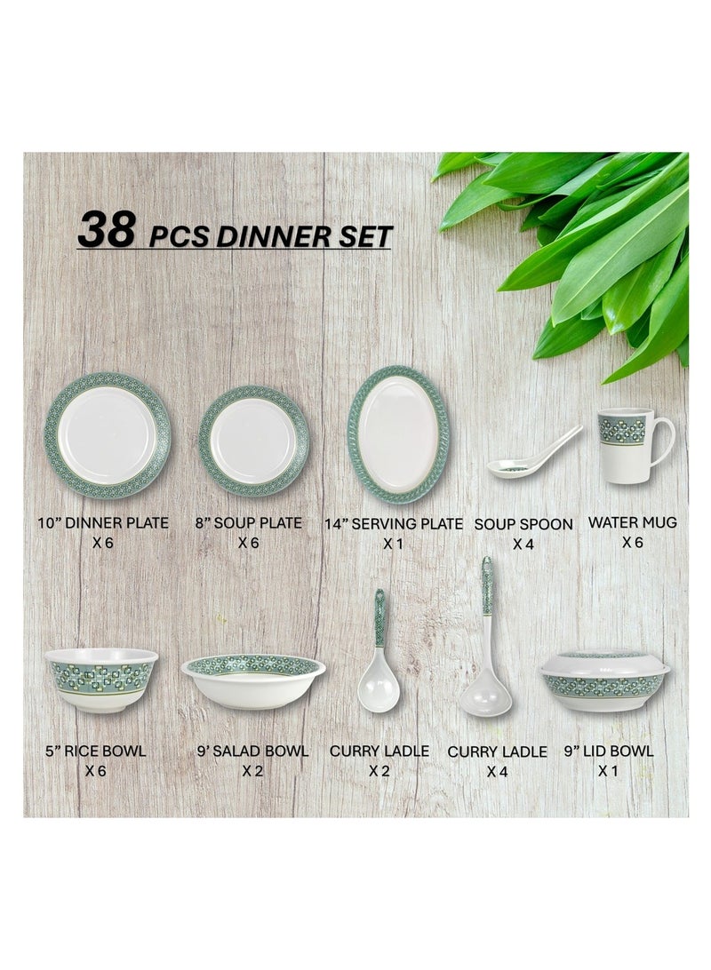 Melrich Melrich 38 Pcs Melamine Dinner Set Dinner Soup serving plates curry ladle rice ladle lid bowl water mug and Bowl Dishwasher and Freezer safe Durable and Strong - Image 2