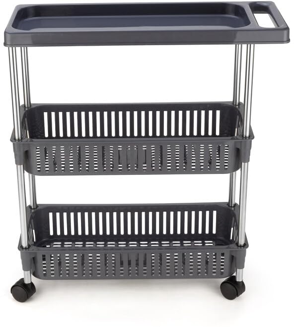 Finner 3 Layer Kitchen Storage Slim Trolley with Wheel and Handle Rolling Utility Cart Plastic and Stainless Steel Pipe Storage Organizer Cart for Kitchen Household Workshop Grey - Image 1