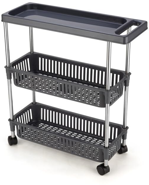 Finner 3 Layer Kitchen Storage Slim Trolley with Wheel and Handle Rolling Utility Cart Plastic and Stainless Steel Pipe Storage Organizer Cart for Kitchen Household Workshop Grey - Image 2