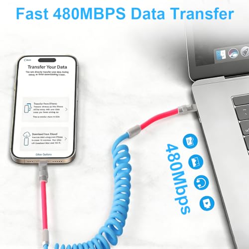 Verilux® PD 66W Type C Cable Fast Charging with Spring, 5.9Ft C Type Charger Cable with 480Mbps Data Transmission, No Tangle Retractable Type C Cable for iPhone 17/17 Plus/17 Pro/16/15, Galaxy S25/S24 - Image 3