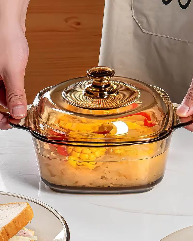 PrimeWorld 1 Pc Glass Casserole – 1000ml (1 Litre) | Brown Color | Square-Shaped Heat-Resistant Borosilicate Glass Cook & Serve Bowl with Lid - Image 1