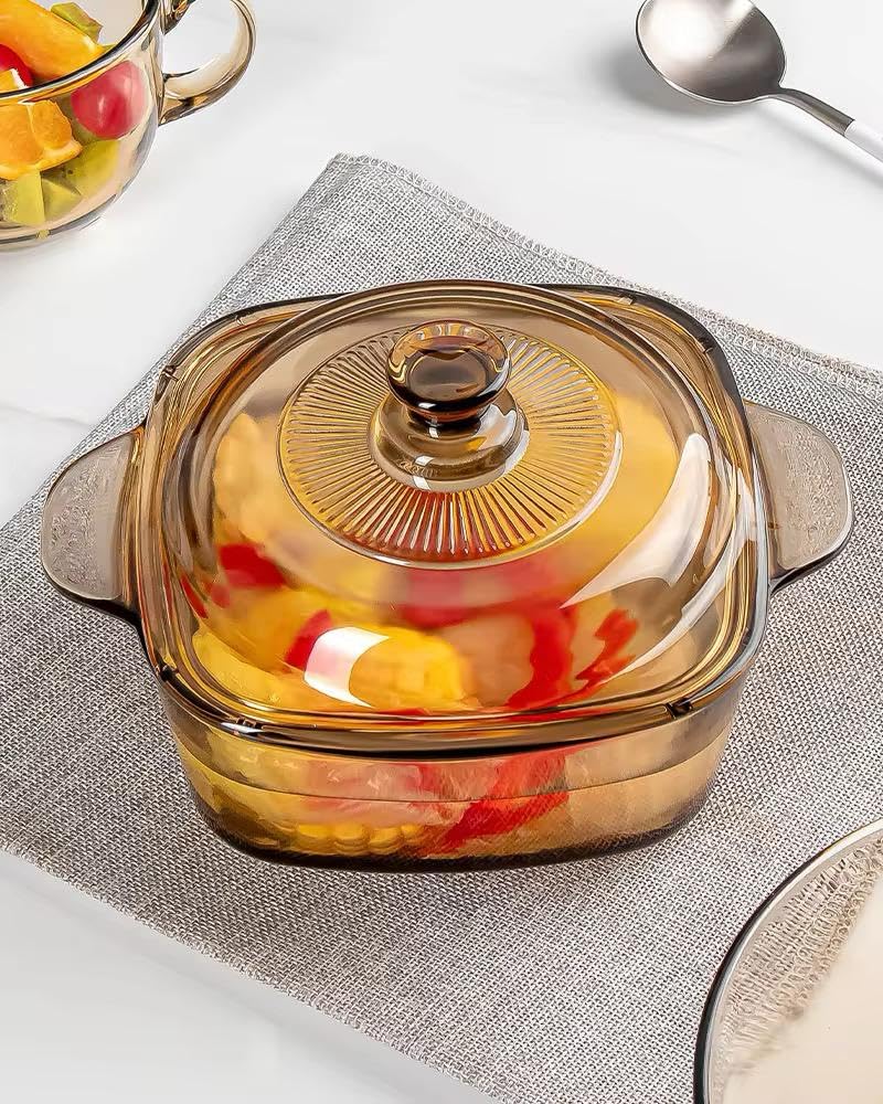 PrimeWorld 1 Pc Glass Casserole – 1000ml (1 Litre) | Brown Color | Square-Shaped Heat-Resistant Borosilicate Glass Cook & Serve Bowl with Lid - Image 3