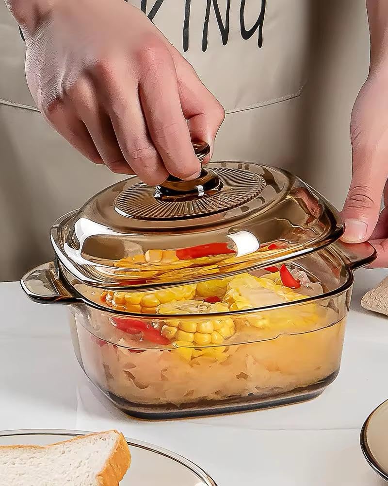 PrimeWorld 1 Pc Glass Casserole – 1000ml (1 Litre) | Brown Color | Square-Shaped Heat-Resistant Borosilicate Glass Cook & Serve Bowl with Lid - Image 2