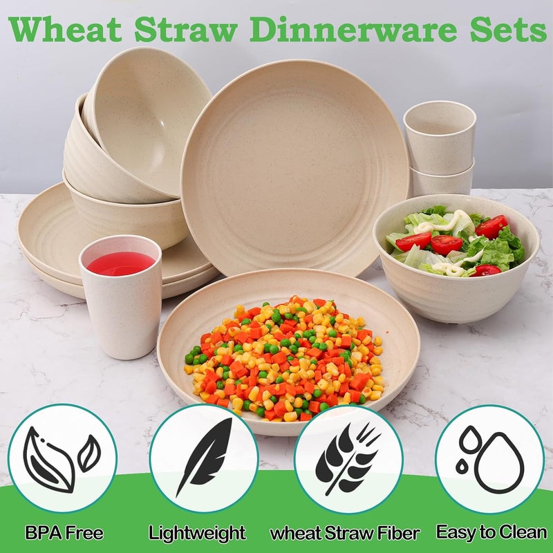 Cptoion 12 Pcs Wheat Straw Dinnerware Sets,Unbreakable Plates and Bowls Cups Set,Plastic Dinnerware Set,Lightweight Bowls Cups Plates,Reusable Dishes for Kitchen,Camping,Microwave,Dishwasher(Beige) - Image 3