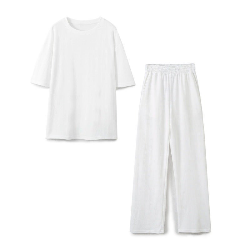2024 Cross-border Summer European and American Womens Solid Color Base Shirt Round Neck Casual Loose T-shirt Straight Trousers E73815 White suit A04