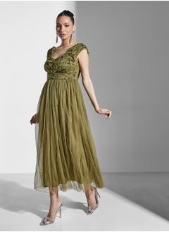 Maya Floral Embellished Bardot Mesh Detail Tiered Dress  - Image 1