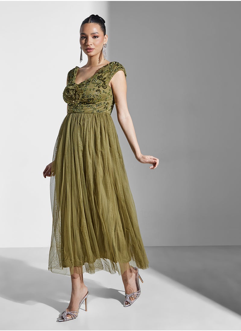 Maya Floral Embellished Bardot Mesh Detail Tiered Dress  - Image 1