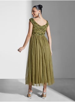 Maya Floral Embellished Bardot Mesh Detail Tiered Dress  - Image 2