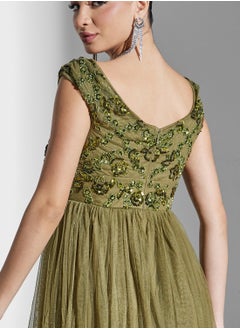 Maya Floral Embellished Bardot Mesh Detail Tiered Dress  - Image 4