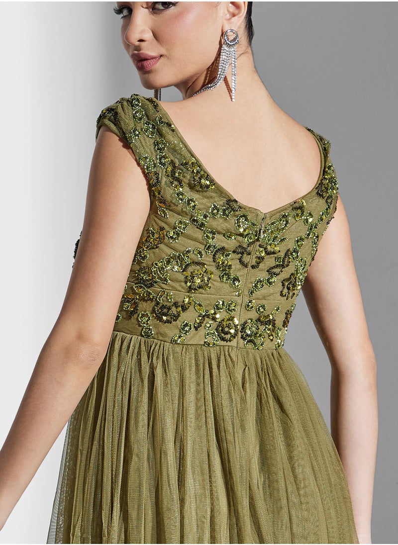 Maya Floral Embellished Bardot Mesh Detail Tiered Dress  - Image 4