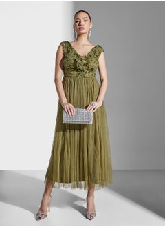 Maya Floral Embellished Bardot Mesh Detail Tiered Dress  - Image 5