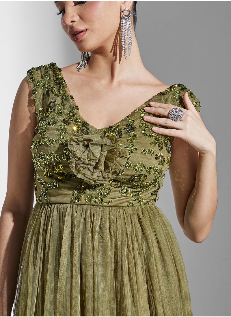 Maya Floral Embellished Bardot Mesh Detail Tiered Dress  - Image 3