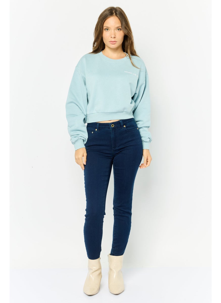 NIA Women Crew Neck Embroidered Sweatshirt, Light Blue  - Image 2