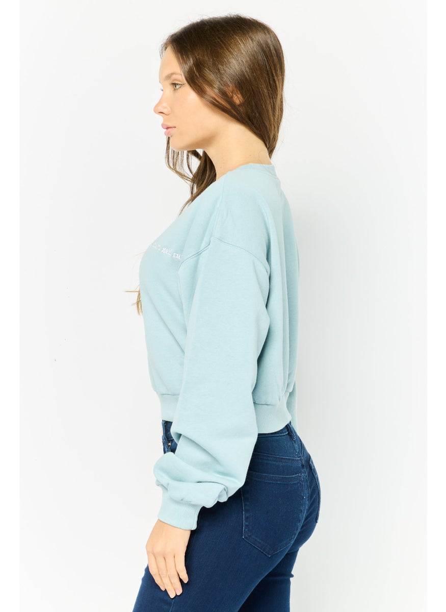 NIA Women Crew Neck Embroidered Sweatshirt, Light Blue  - Image 3
