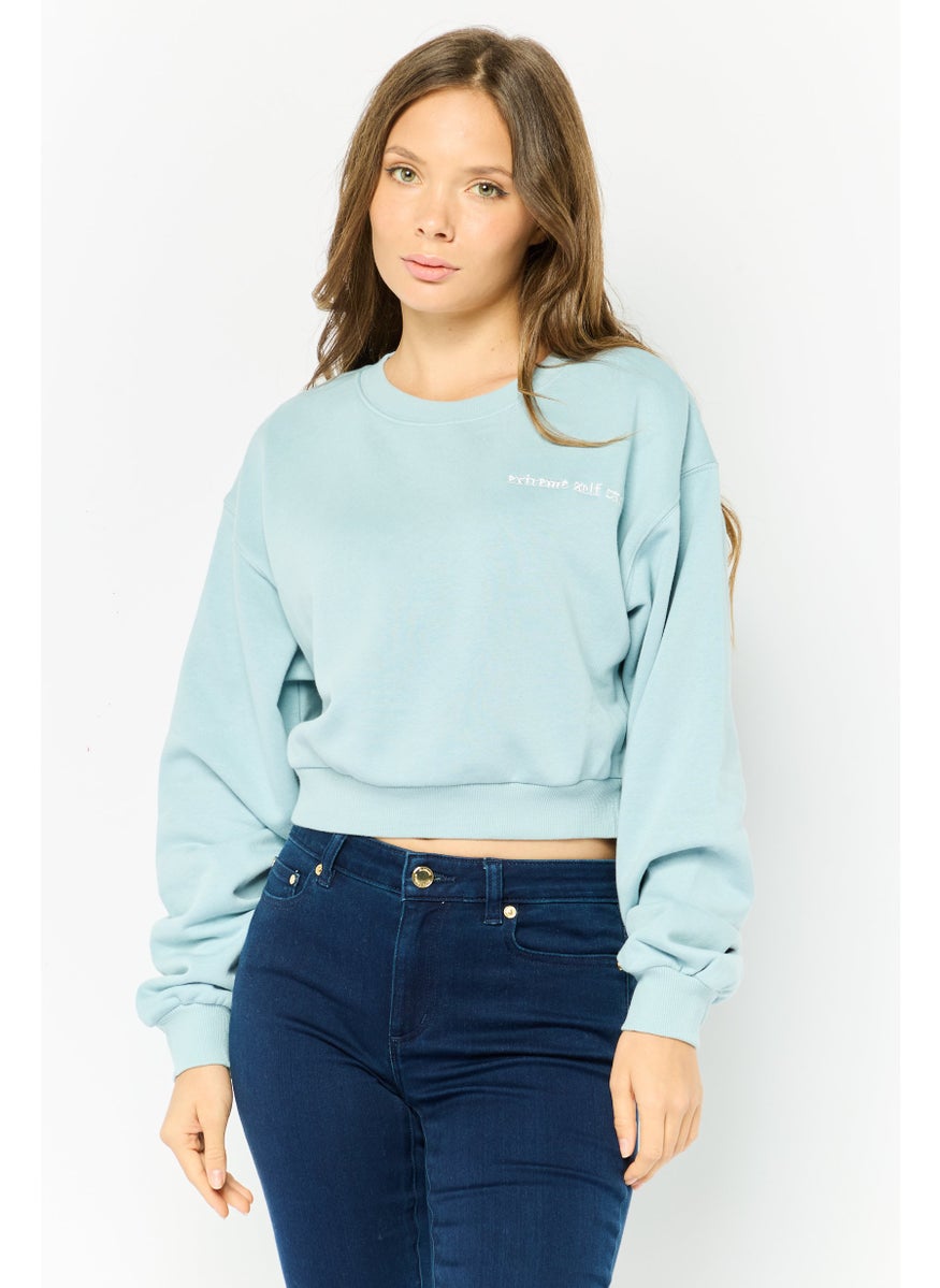 NIA Women Crew Neck Embroidered Sweatshirt, Light Blue  - Image 1