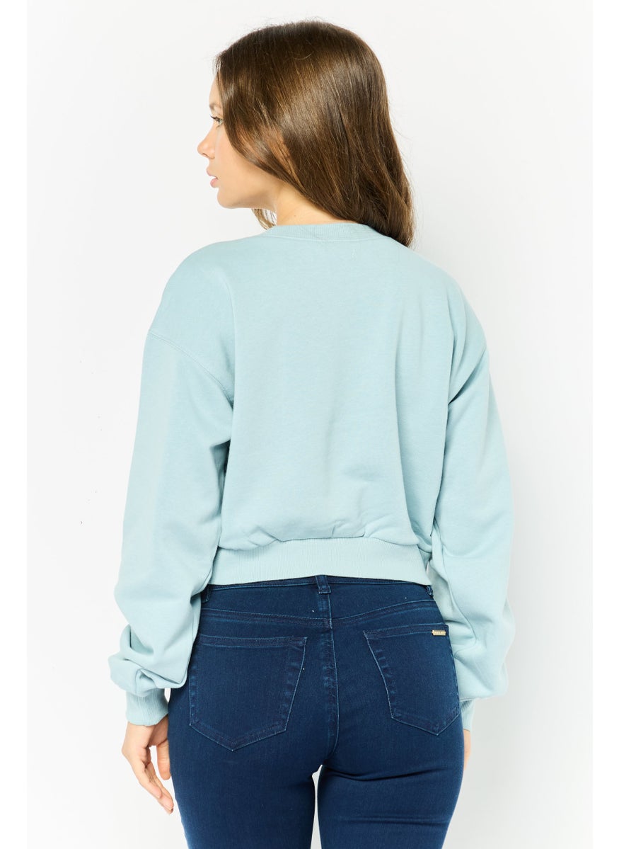 NIA Women Crew Neck Embroidered Sweatshirt, Light Blue  - Image 4