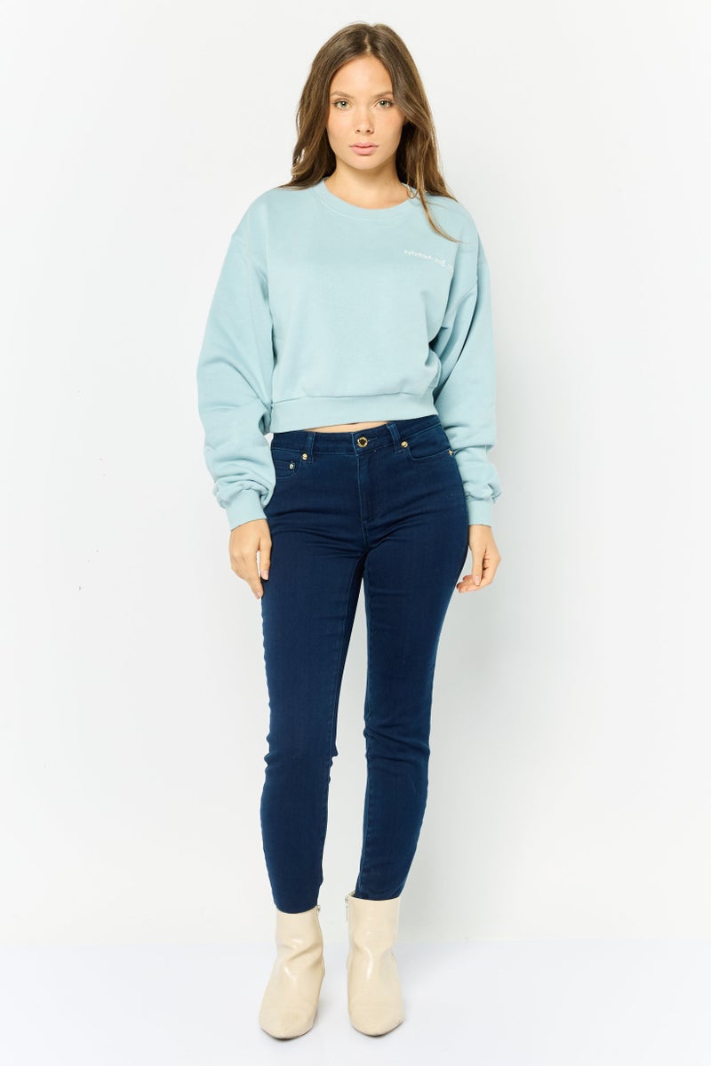 NIA Women Crew Neck Embroidered Sweatshirt, Light Blue - Image 2