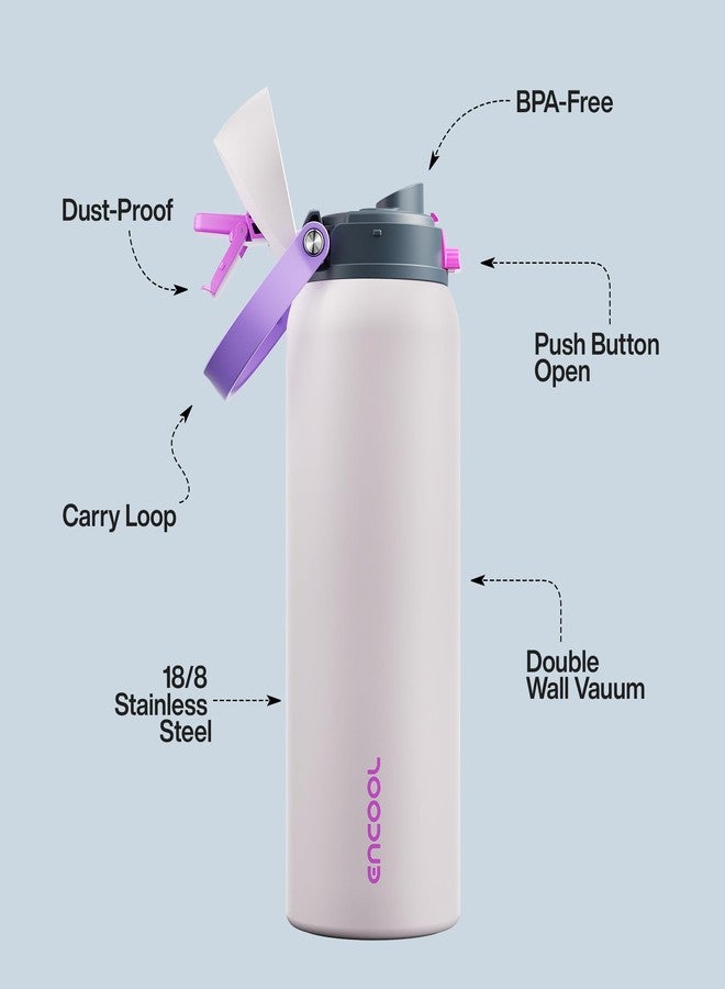 ENCOOL Insulated Water Bottle with Straw - Encool Stainless Steel Water Bottle with Push Button Lid, Leak-Proof & BPA-Free, Keeps Cold for 24 Hours for Sports, Travel, Gym (40 oz, Oyster Pink) - Image 4