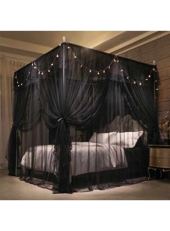 VETHIN 4 Corners Post Ruffle Princess Bed Canopy Curtain-Double Layer Cozy Drape Netting 4 Opening Mosquito Net for Girls Adults Bedroom Decoration (Double-Black, 53" W*78" L*82"*H/(Full)) - Image 3