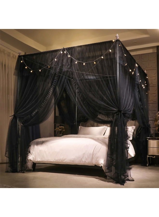VETHIN 4 Corners Post Ruffle Princess Bed Canopy Curtain-Double Layer Cozy Drape Netting 4 Opening Mosquito Net for Girls Adults Bedroom Decoration (Double-Black, 53" W*78" L*82"*H/(Full)) - Image 2