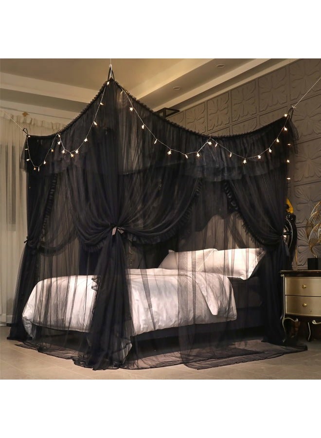 VETHIN 4 Corners Post Ruffle Princess Bed Canopy Curtain-Double Layer Cozy Drape Netting 4 Opening Mosquito Net for Girls Adults Bedroom Decoration (Double-Black, 53" W*78" L*82"*H/(Full)) - Image 5