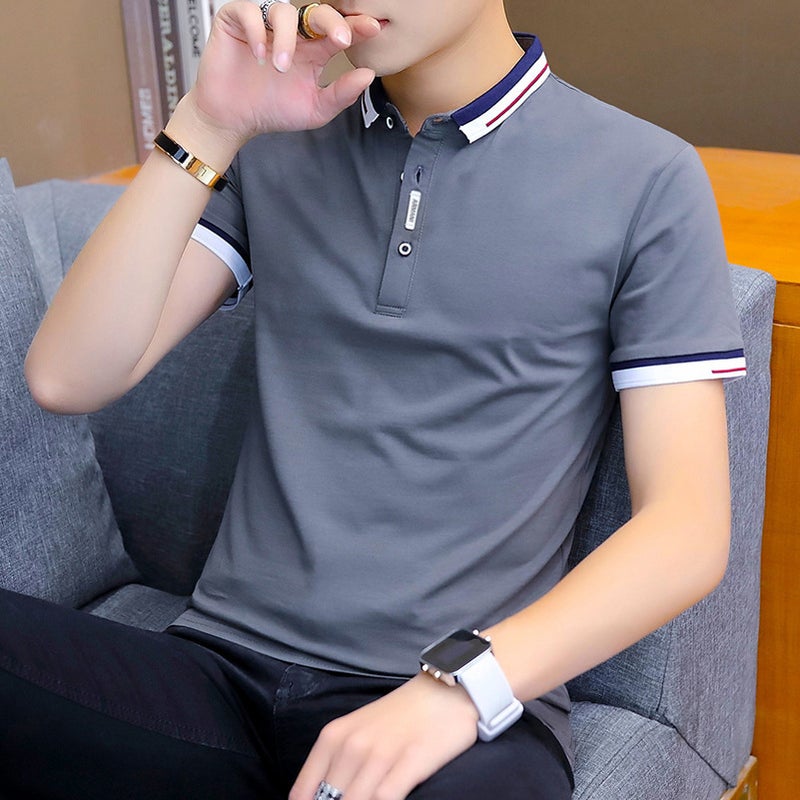 Polo Shirt Mens Summer Solid Color Cotton Business Casual Short-sleeved T-shirt Set Breathable Sweat-absorbent LOGO Cross-border Hair Dark gray - Image 1